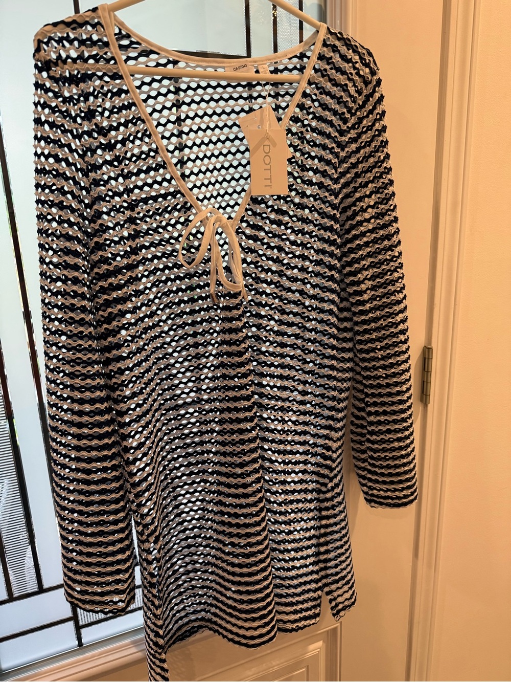 Dotti Black and White Open-Knit V-Neck Tunic with Tie
